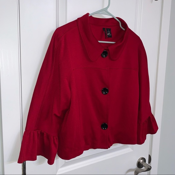 Women’s L New Directions Valentines Red Holiday Cropped 3/4 Sleeve Button Jacket - Picture 3 of 12